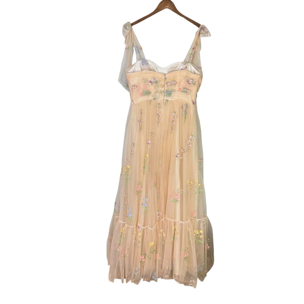 Neutral Cream Tulle Tie Straps Long A Line Flower Embroidered Prom Formal Dress - Picture 11 of 13
